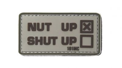 101 Inc PVC Velcro Patch "Nut Up" (Tan) - Detail Image 1 © Copyright Zero One Airsoft
