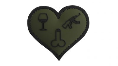 101 Inc PVC Velcro Patch "Love, Wine, Sticks & Guns" (Green) - Detail Image 1 © Copyright Zero One Airsoft