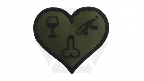 101 Inc PVC Velcro Patch "Love, Wine, Sticks & Guns" (Green) - © Copyright Zero One Airsoft
