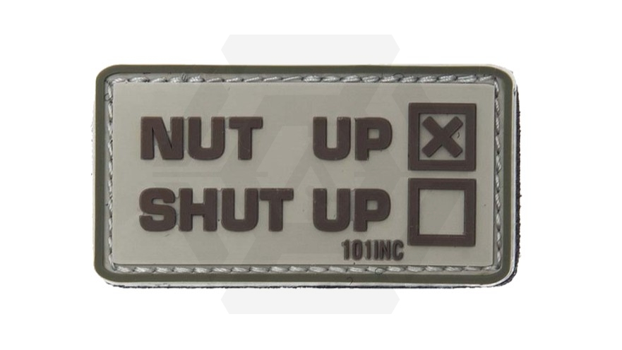101 Inc PVC Velcro Patch "Nut Up" (Tan) - Main Image © Copyright Zero One Airsoft