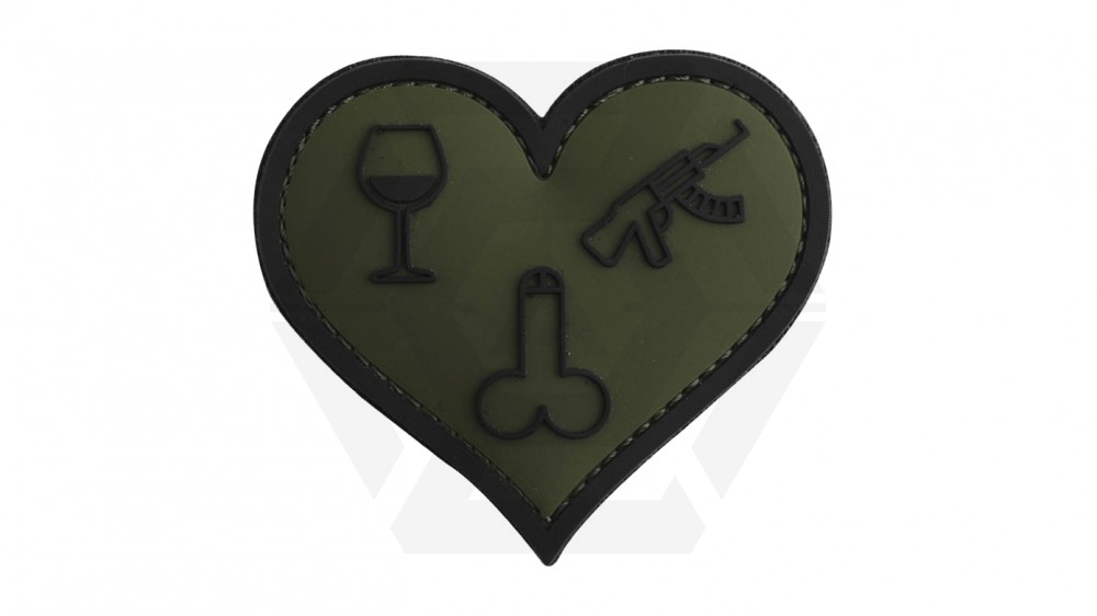 101 Inc PVC Velcro Patch "Love, Wine, Sticks & Guns" (Green) - Main Image © Copyright Zero One Airsoft