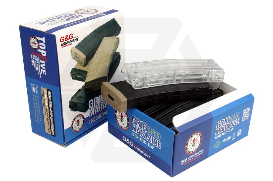 G&G AEG Mag for M4 120rds Box of 5 (Black/Tan) with Speedloader - Main Image © Copyright Zero One Airsoft